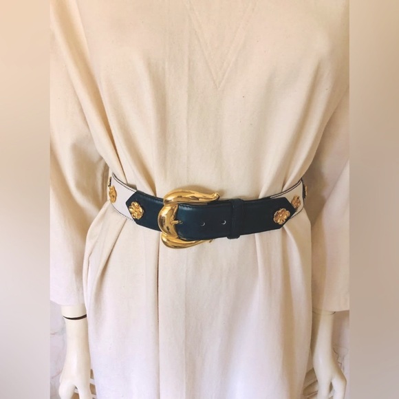 ESCADA Blue and White Belt With Gold Metal Accents Size 34 MADE IN GERMANY 32” L main image 8